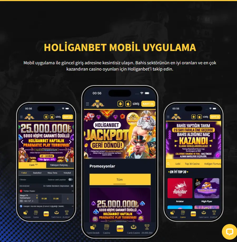 Holiganbet mobil uygulama sayfası, üç telefon ekranı